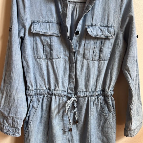 Denim looking romper with elastic stretch waist and rolled up sleeve cas… - Picture 7 of 10